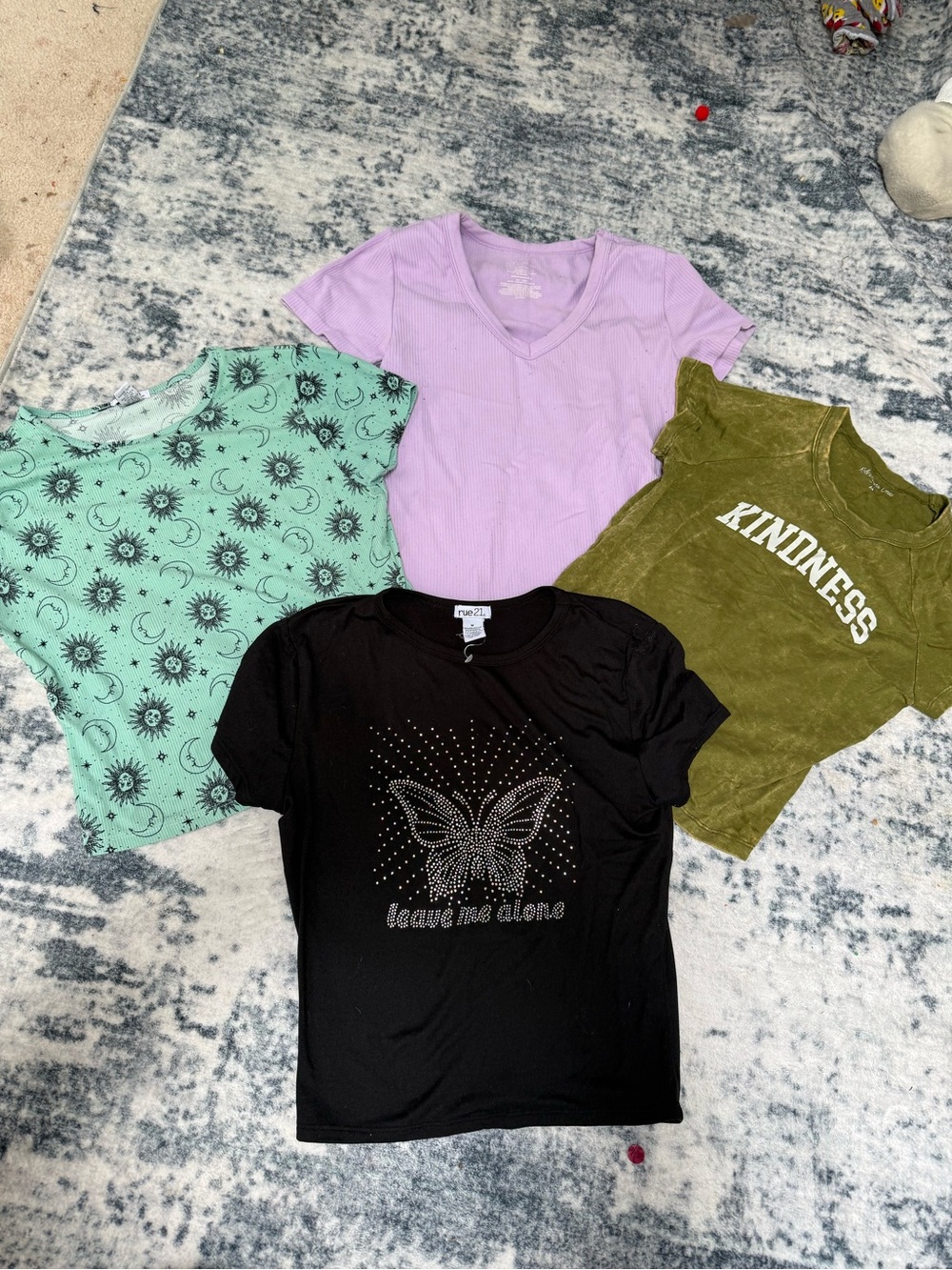 4 pack of baby tees — purple, army green kindness, aqua sun, black